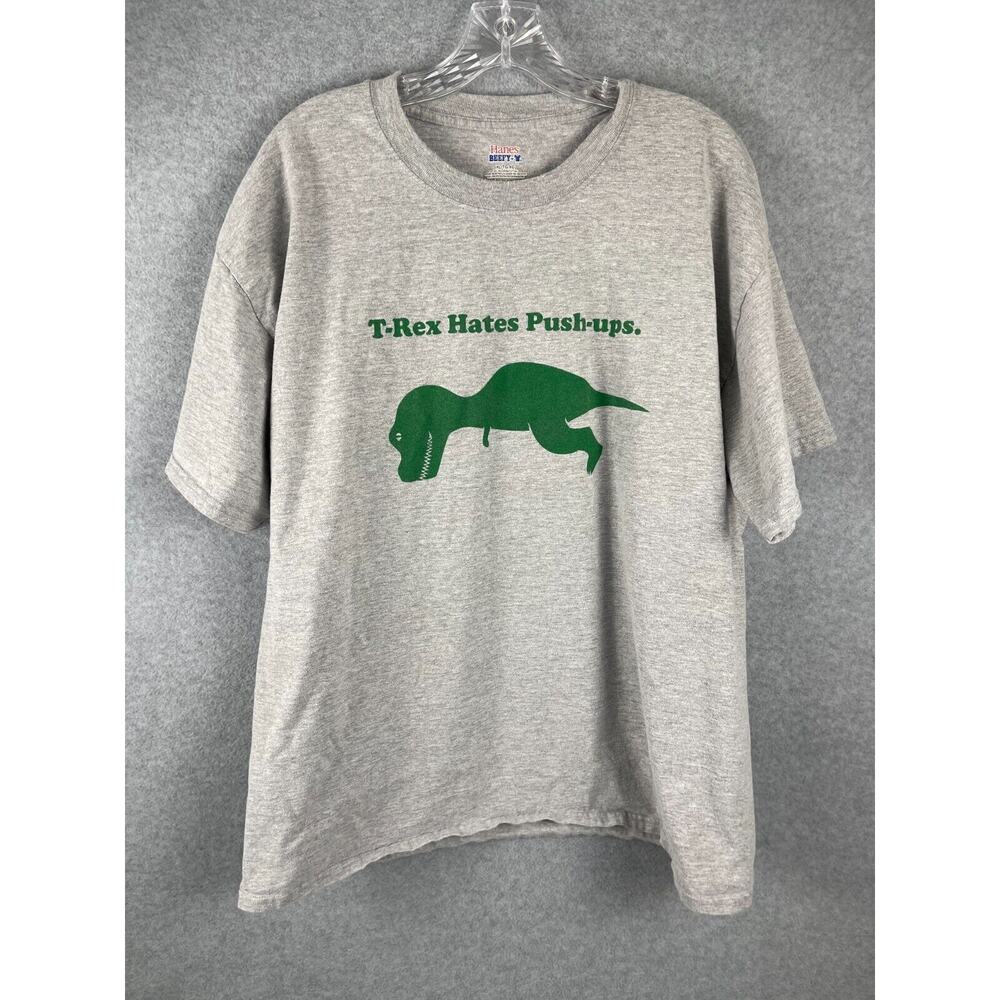 T Rex Hates Pushups T Shirt Mens XL Gray Dinosaurs Funny Graphic Short Arms